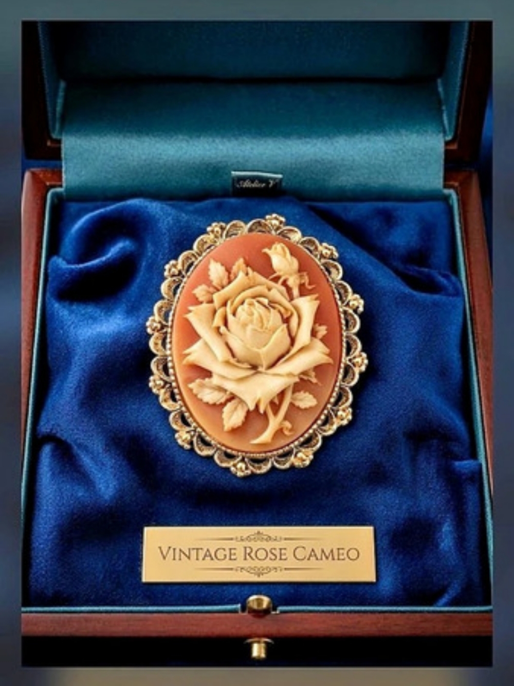 Vintage Rose Cameo Brooch Gold Blue